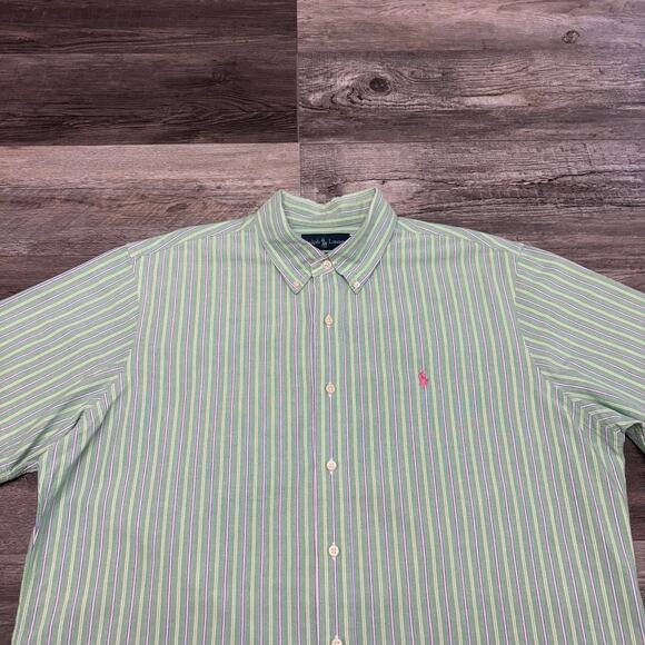 Vintage Y2K Ralph Lauren Green White Striped Men XL Custom Fit Button Down Shirt - Picture 1 of 9